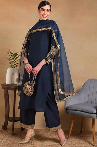 Teal embroidered silk blend stitched readymade suit