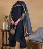 Teal embroidered silk blend stitched readymade suit