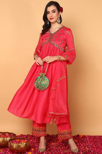 Pink embroidered silk blend stitched readymade suit