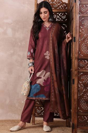Brown printed silk blend stitched readymade suit