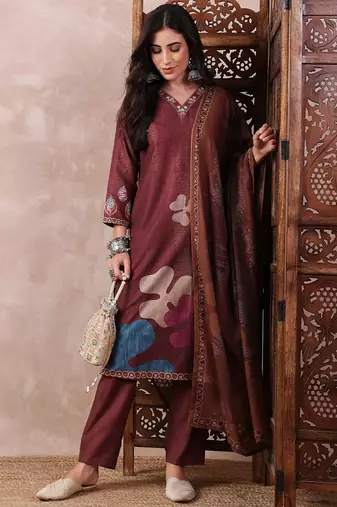 Brown printed silk blend stitched readymade suit