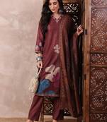 Brown printed silk blend stitched readymade suit
