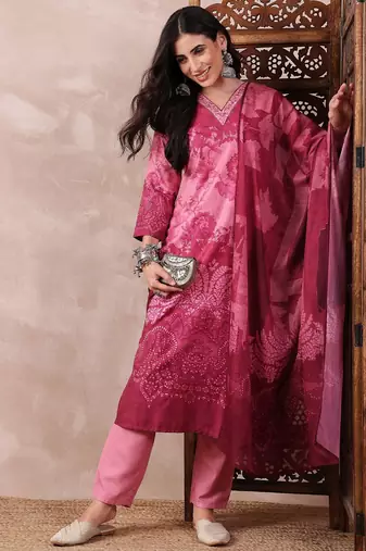 Pink printed silk blend stitched readymade suit