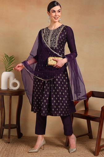 Purple woven silk blend stitched readymade suit