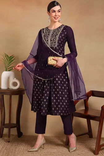 Purple woven silk blend stitched readymade suit