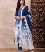 Blue printed silk blend stitched readymade suit