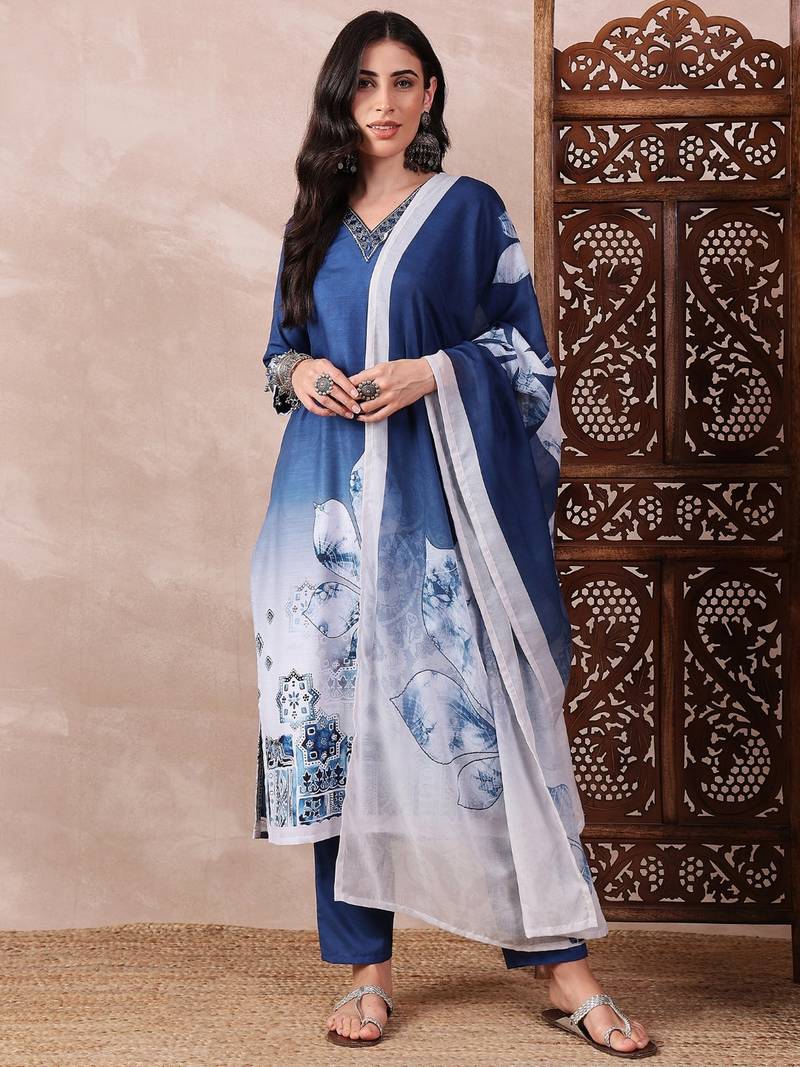 Blue printed silk blend stitched readymade suit
