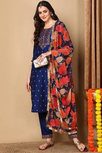 Navy blue embroidered silk blend stitched readymade suit