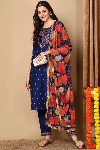 Navy blue embroidered silk blend stitched readymade suit