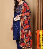 Navy blue embroidered silk blend stitched readymade suit