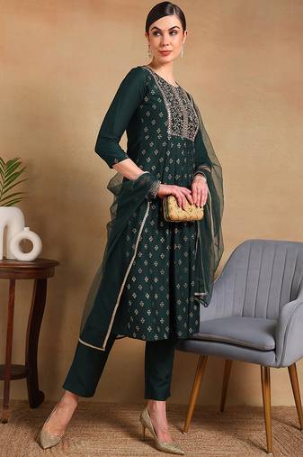 Green woven silk blend stitched readymade suit