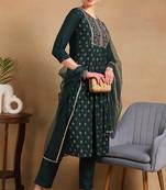 Green woven silk blend stitched readymade suit