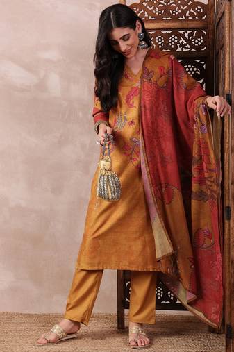 Mustard printed silk blend stitched readymade suit