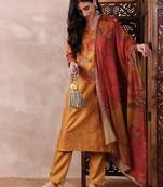 Mustard printed silk blend stitched readymade suit