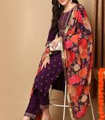 Purple embroidered silk blend stitched readymade suit