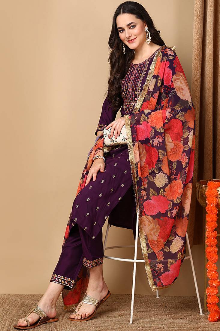 Purple embroidered silk blend stitched readymade suit