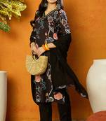 Black printed blended cotton stitched readymade suit