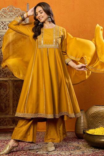Mustard embroidered silk blend stitched readymade suit