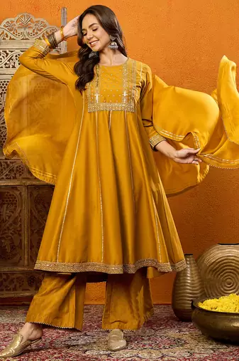 Mustard embroidered silk blend stitched readymade suit