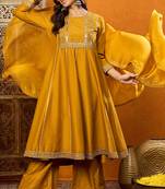 Mustard embroidered silk blend stitched readymade suit