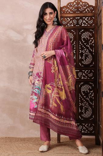 Multicolor printed silk blend stitched readymade suit