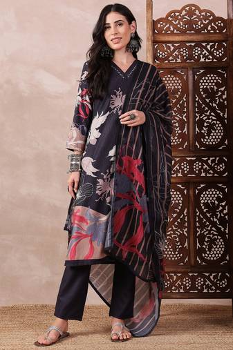Black printed silk blend stitched readymade suit