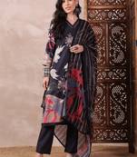 Black printed silk blend stitched readymade suit