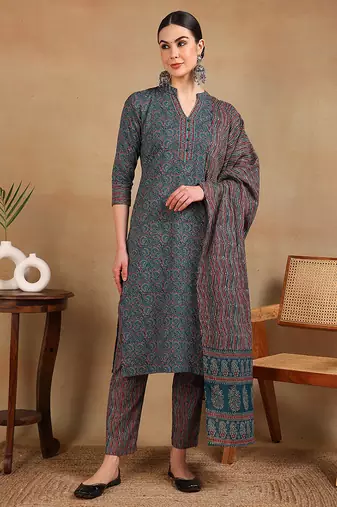 Teal printed blended cotton stitched readymade suit