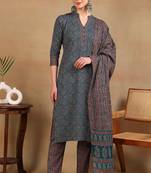 Teal printed blended cotton stitched readymade suit