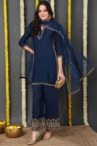 Blue embroidered silk blend stitched readymade suit