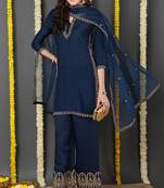 Blue embroidered silk blend stitched readymade suit