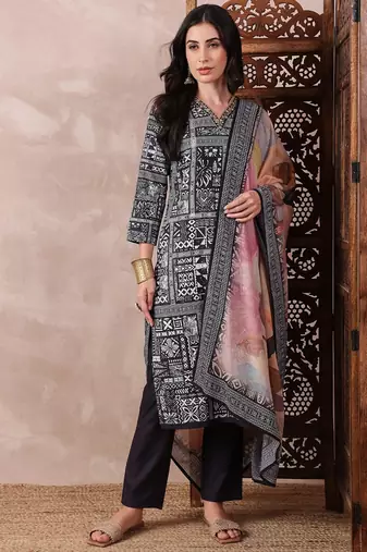 Black printed silk blend stitched readymade suit