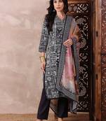 Black printed silk blend stitched readymade suit