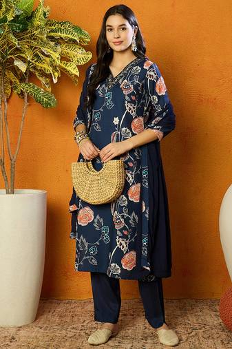 Blue printed blended cotton stitched readymade suit