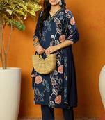 Blue printed blended cotton stitched readymade suit