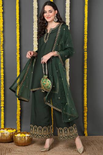 Green embroidered silk blend stitched readymade suit
