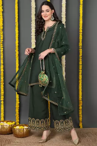 Green embroidered silk blend stitched readymade suit