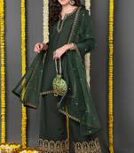 Green embroidered silk blend stitched readymade suit