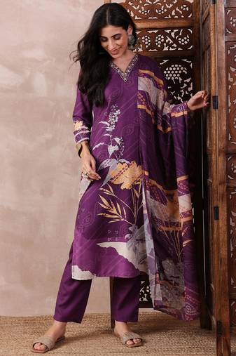 Purple printed silk blend stitched readymade suit