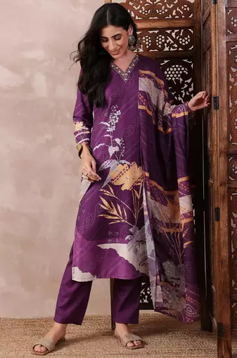 Purple printed silk blend stitched readymade suit