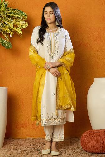 White embroidered silk blend stitched readymade suit