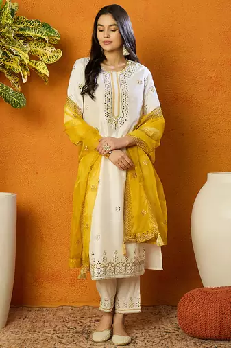 White embroidered silk blend stitched readymade suit