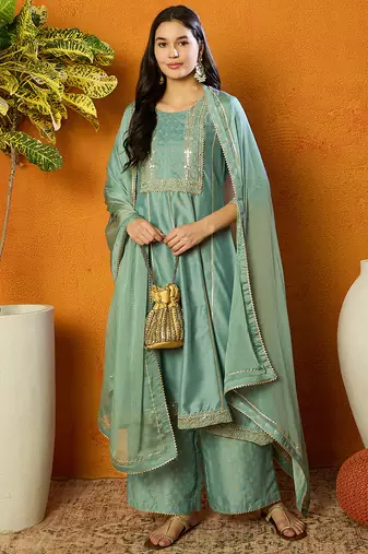 Sea green embroidered silk blend stitched readymade suit