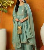 Sea green embroidered silk blend stitched readymade suit