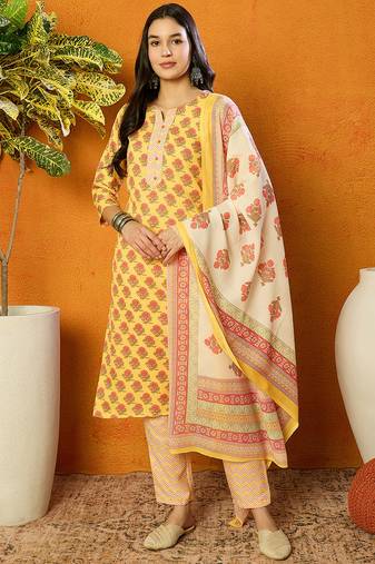 Yellow printed rayon stitched readymade suit