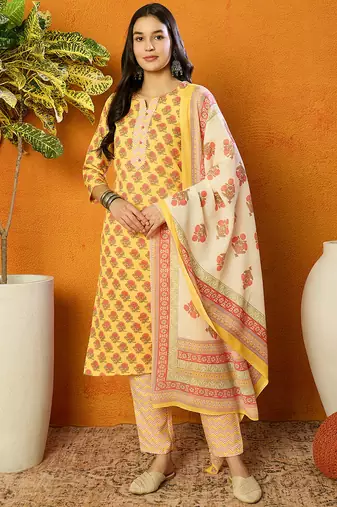 Yellow printed rayon stitched readymade suit