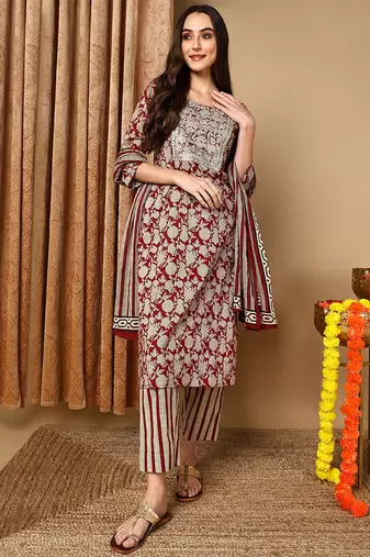 Maroon embroidered rayon stitched readymade suit