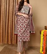 Maroon embroidered rayon stitched readymade suit