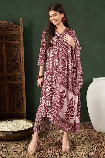 Maroon printed rayon stitched readymade suit