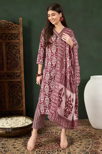 Maroon printed rayon stitched readymade suit